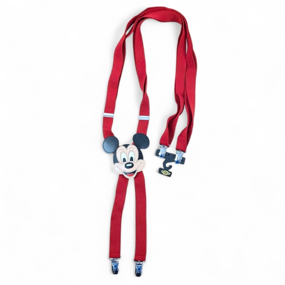 New Oldstock Vintage 90s Disney Mickey Mouse Leather Suspenders Red Korea Made - Picture 2 of 7